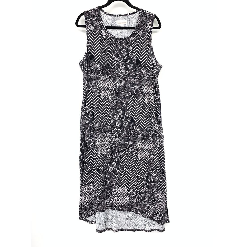 Stan Herman Midi Dress Womens Size Large Black White Multi Print Sleeveless